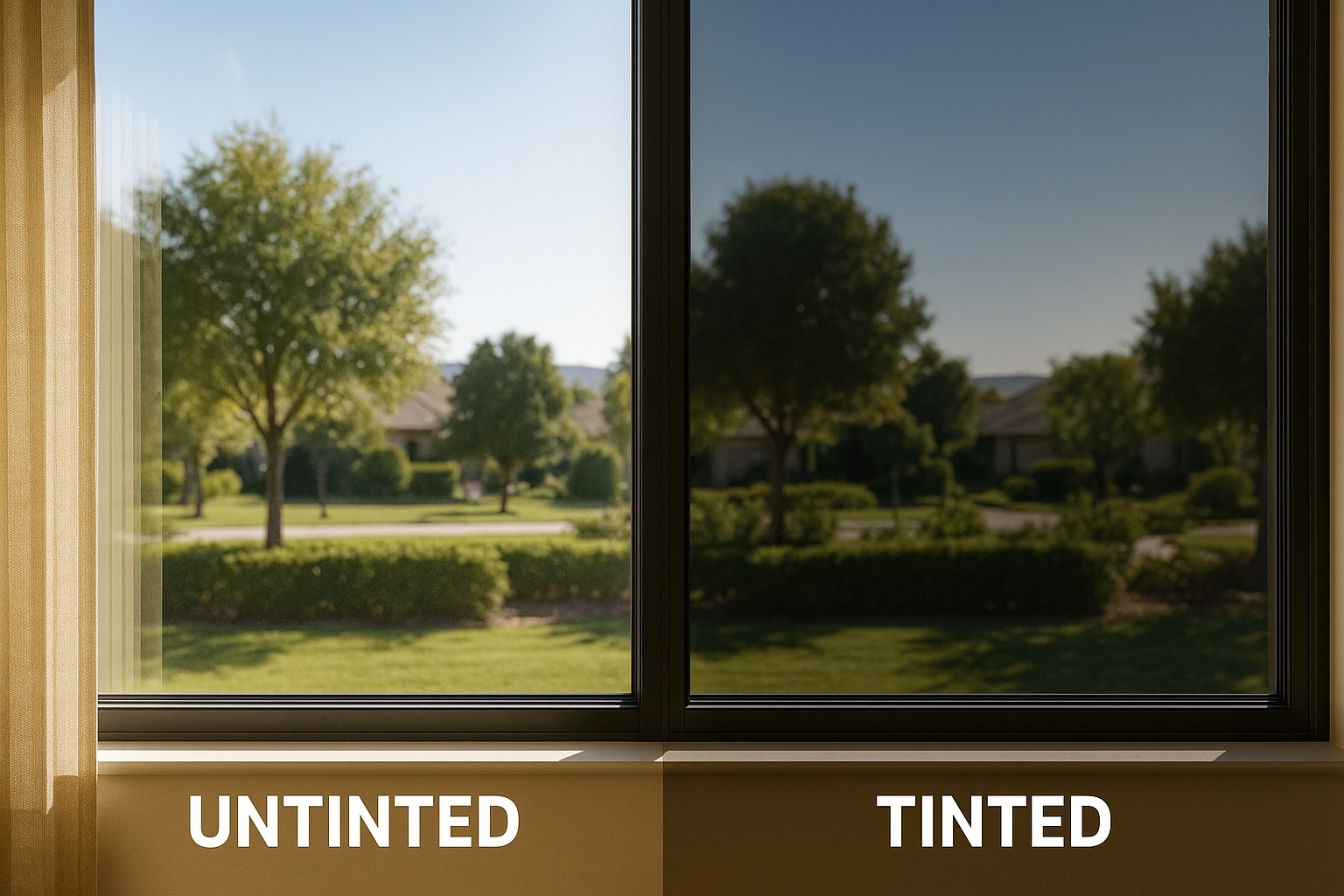 Side-by-side comparison of standard vs tinted house windows showing glare and UV protection differences.