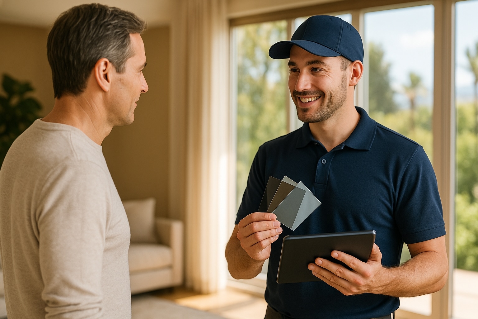 Window tinting expert providing in-home consultation and sample review for residential tinting in Southern California.