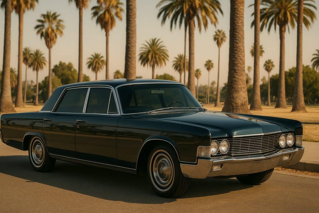 Vintage 1960s luxury car with smoked glass windows under Southern California palm trees.