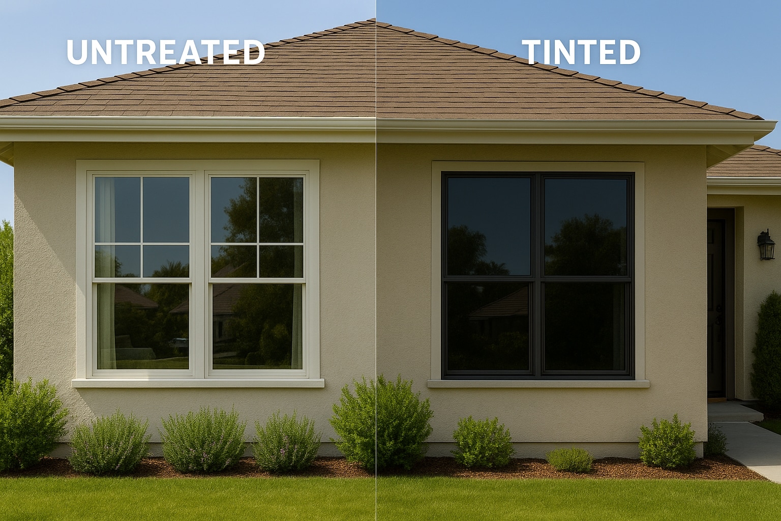 Side-by-side comparison of a suburban home with untreated glass vs. tinted window film reducing sunlight and glare.