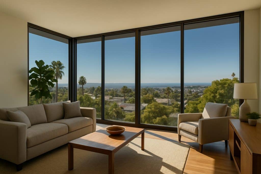 Modern San Diego living room with tinted window film reducing glare and creating a comfortable ambiance