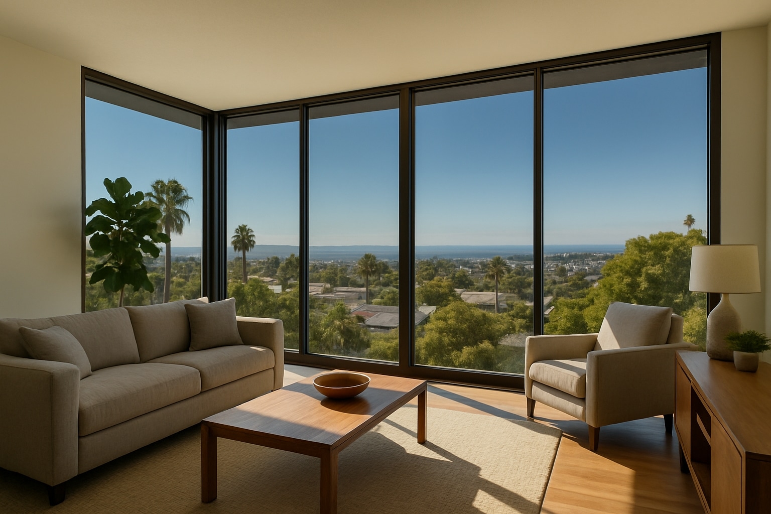 Modern San Diego living room with tinted window film reducing glare and creating a comfortable ambiance