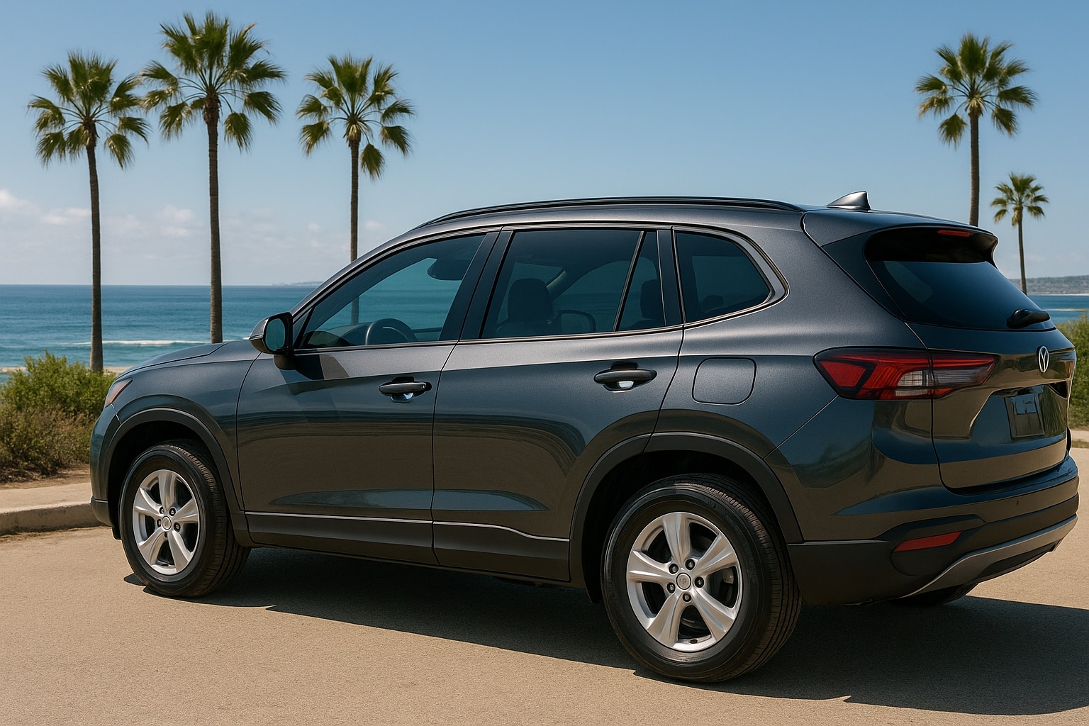 Modern SUV with nano-ceramic window tint parked near the San Diego coastline under bright sunlight.