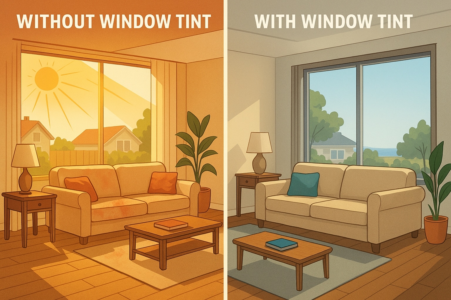 Before-and-after comparison of living rooms, showing heat and fading in untreated windows versus comfort and protection with residential window tint.