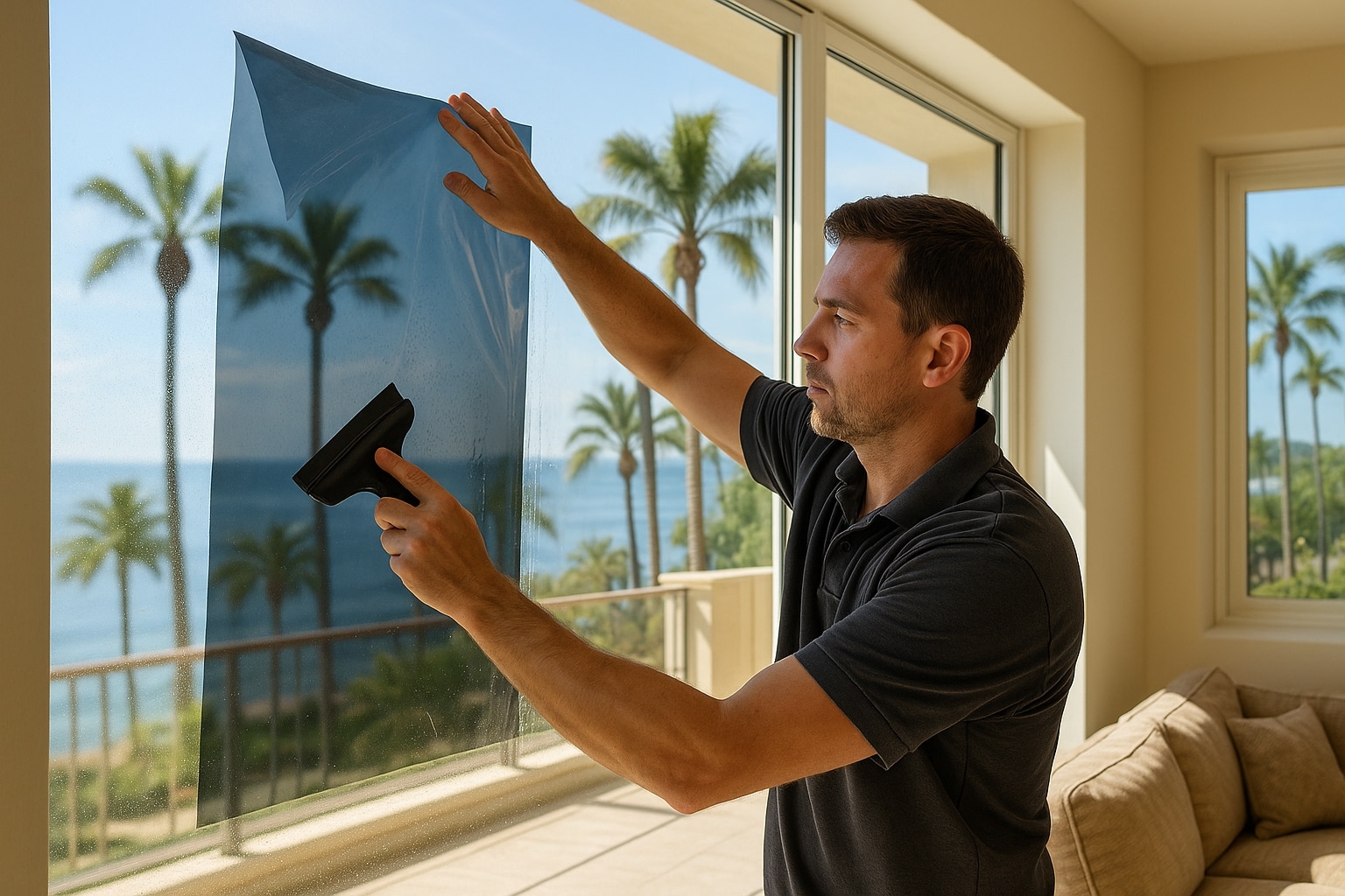 Technician applying nano-ceramic residential window film to a large home window overlooking the Southern California coastline.