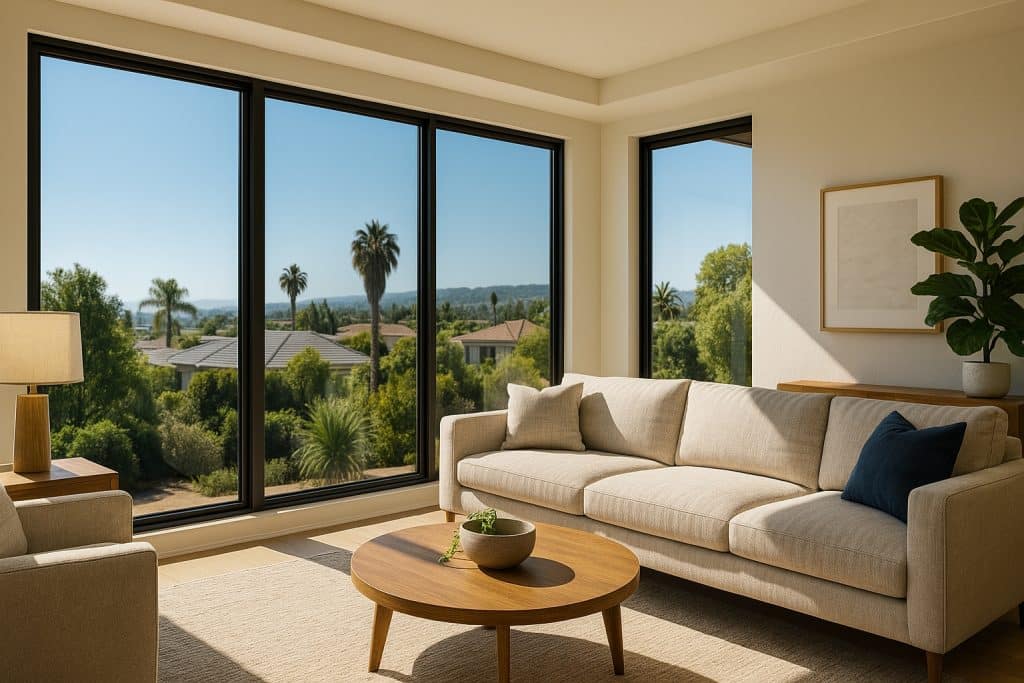 Sunlit San Diego living room with tinted windows reducing glare and creating a comfortable indoor environment.
