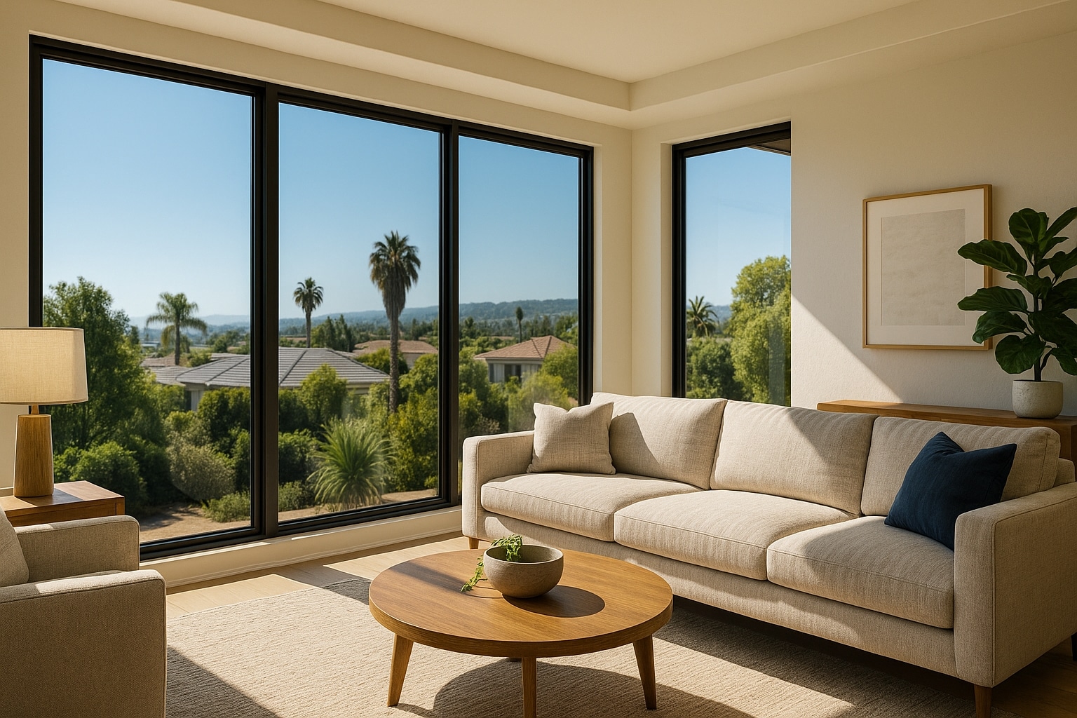 Sunlit San Diego living room with tinted windows reducing glare and creating a comfortable indoor environment.