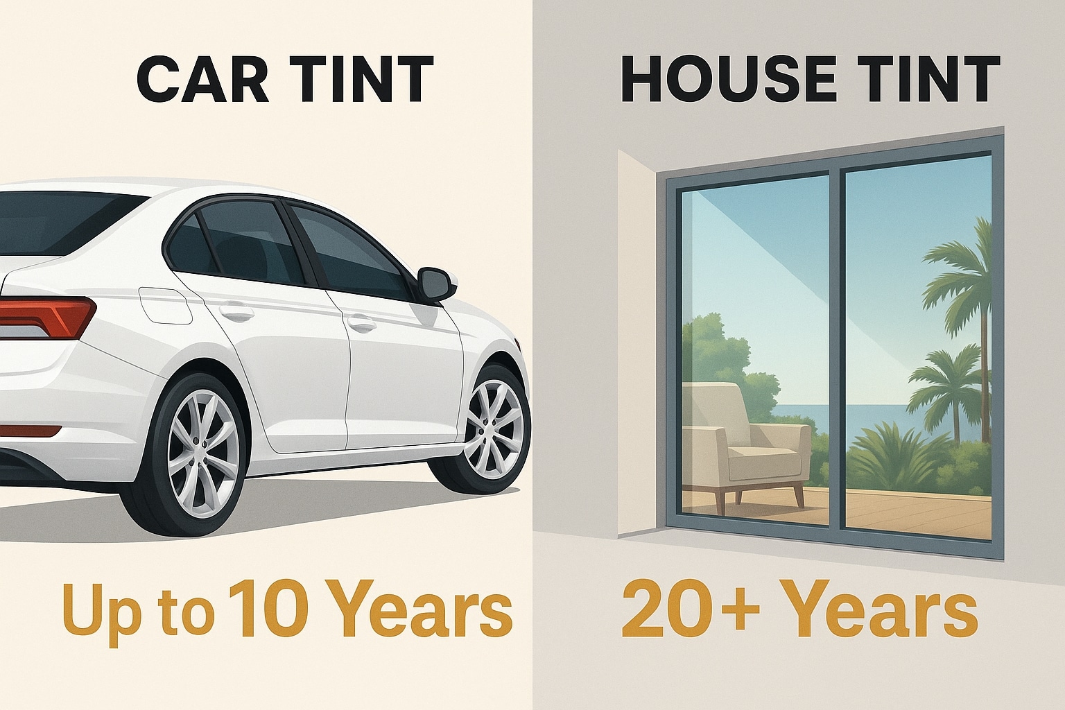 Infographic comparing the longevity of car window tint and residential window tint, showing differences in durability and performance.