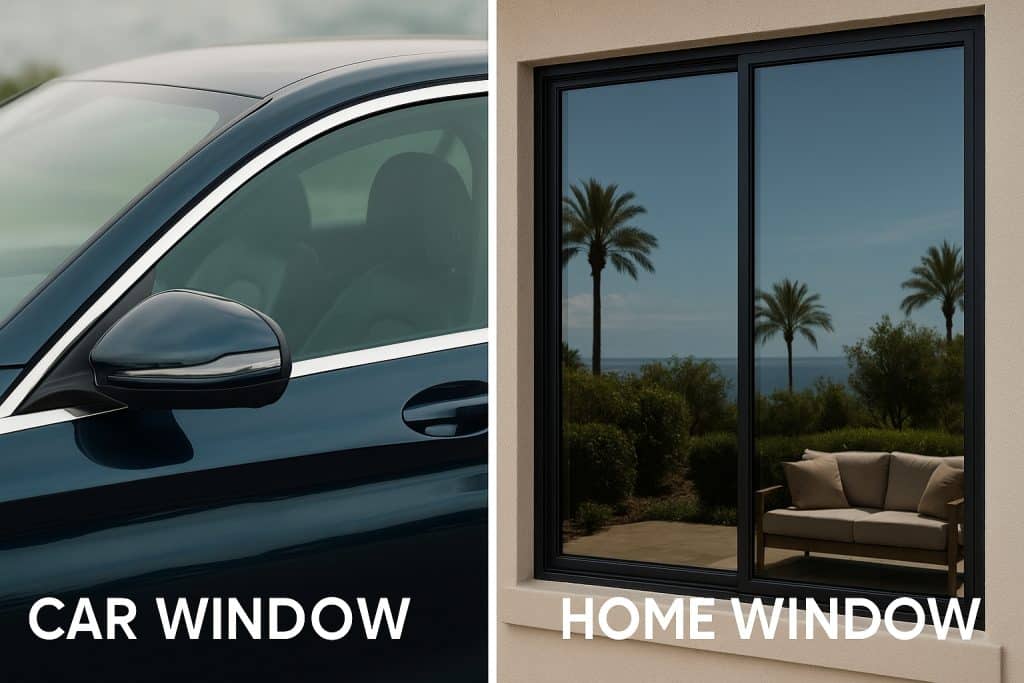 Side-by-side comparison of window tint on a car versus a house, highlighting the differences in appearance and application.