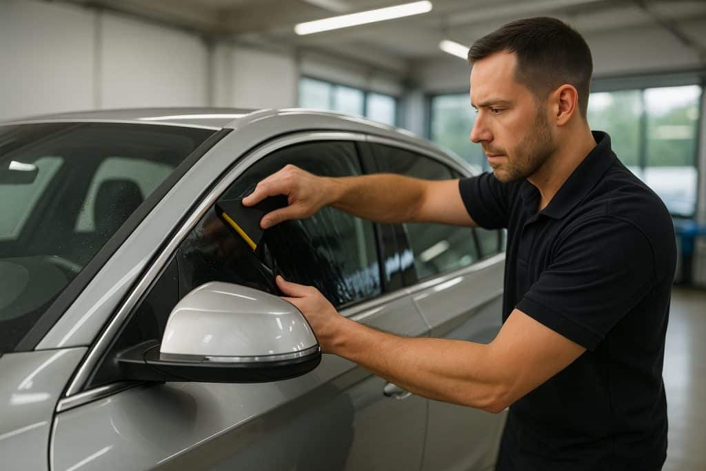 Professional installer applying ceramic car window tint in San Diego auto shop.