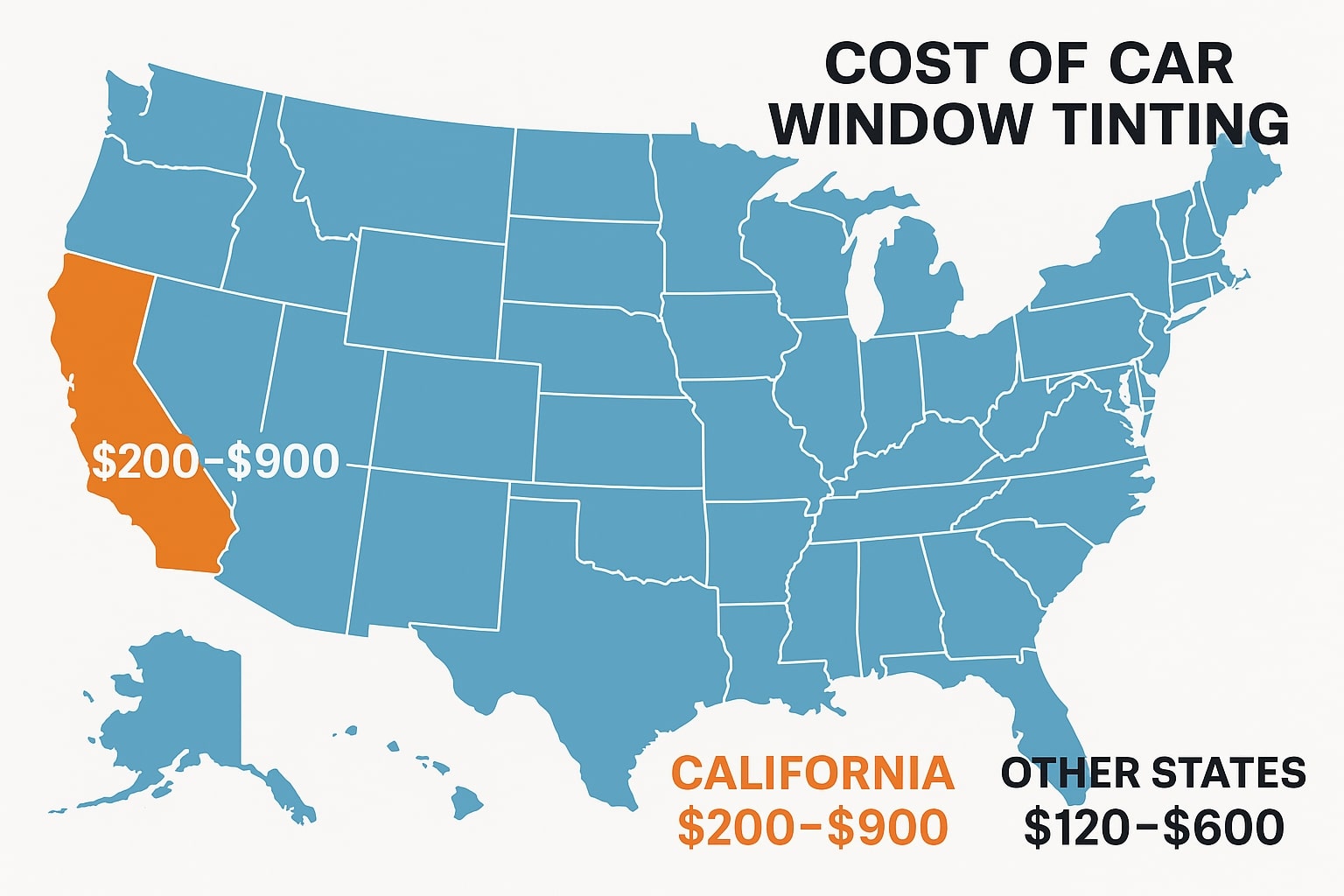 U.S. map showing average cost of car window tinting, with California priced higher than other states.