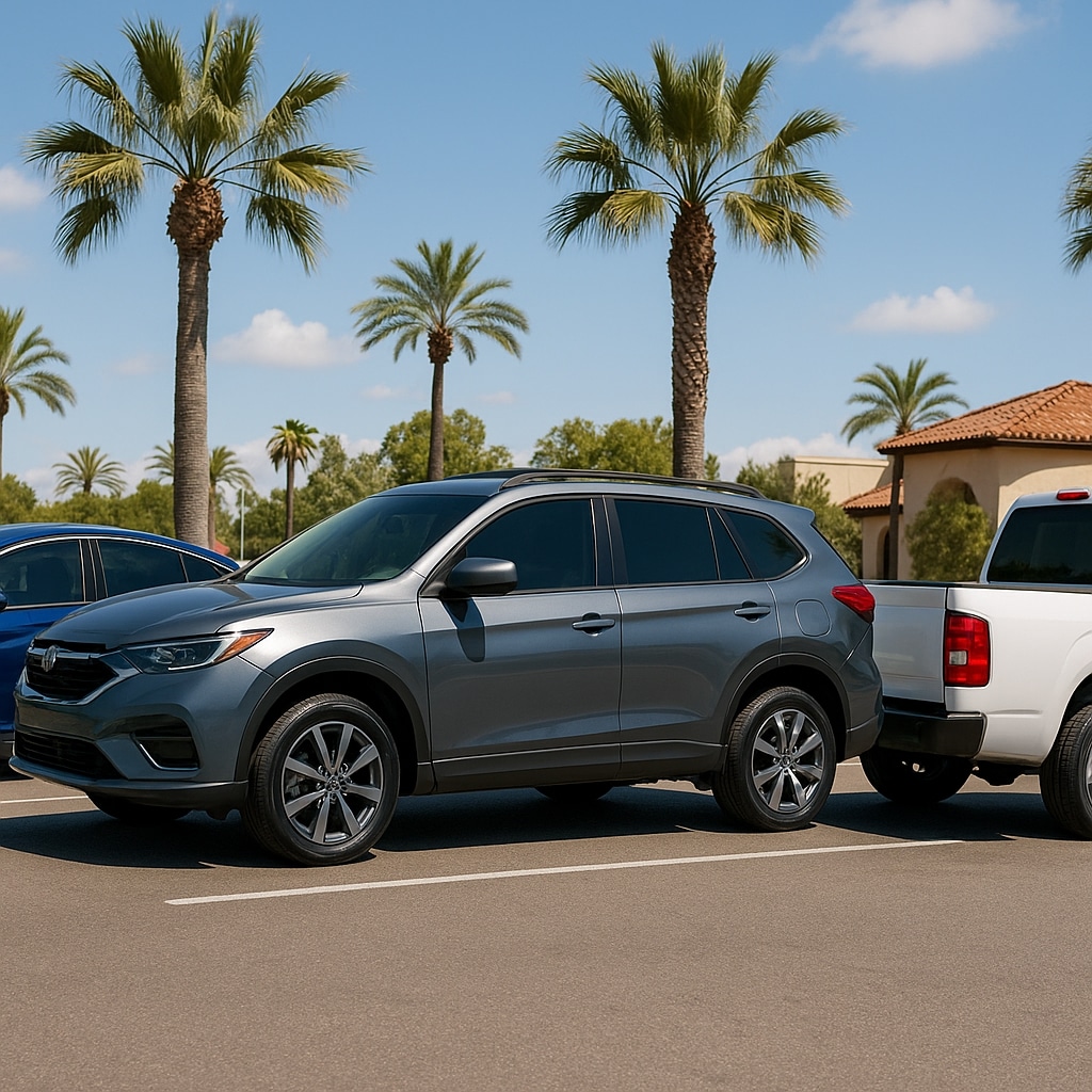 Sedan, SUV, and truck with tinted windows parked in sunny California, showing differences in window tinting.