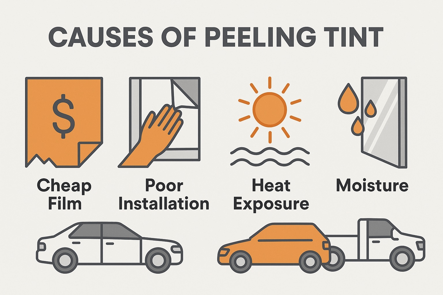 Infographic listing causes of tinted car windows peeling or bubbling, including cheap film and heat.