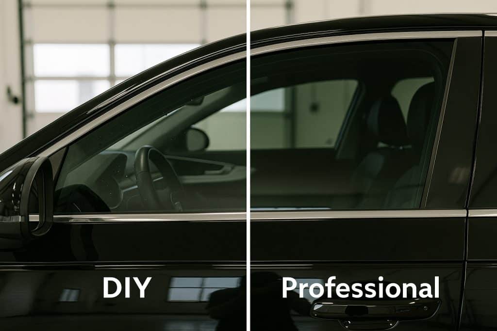 Side-by-side comparison of DIY vs professional car window tint, showing bubbles and imperfections on the DIY side.