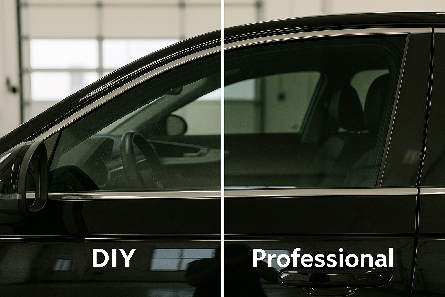 Side-by-side comparison of DIY vs professional car window tint, showing bubbles and imperfections on the DIY side.