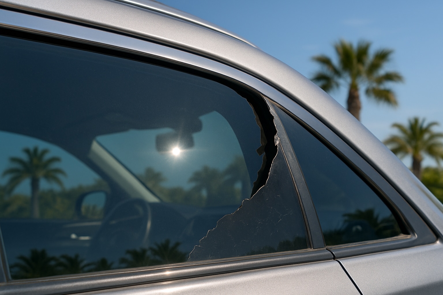 Close-up of tinted car windows peeling at the edges under California sun.