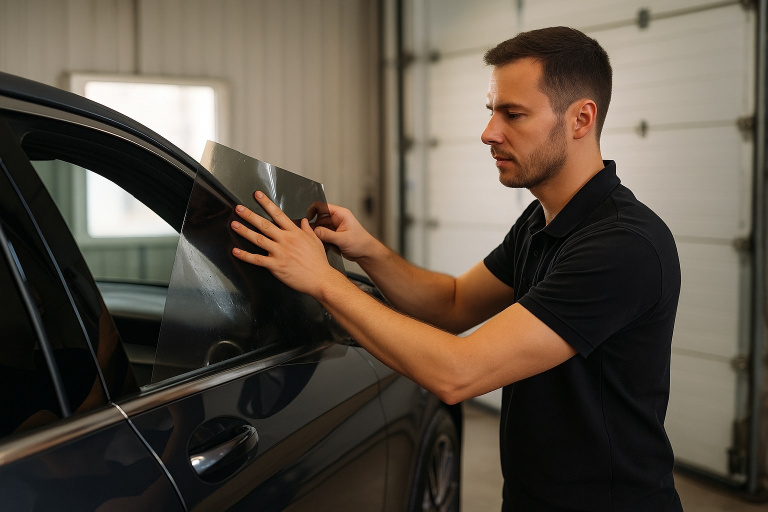 Skilled installer applying ceramic car window tint film in a San Diego auto shop.