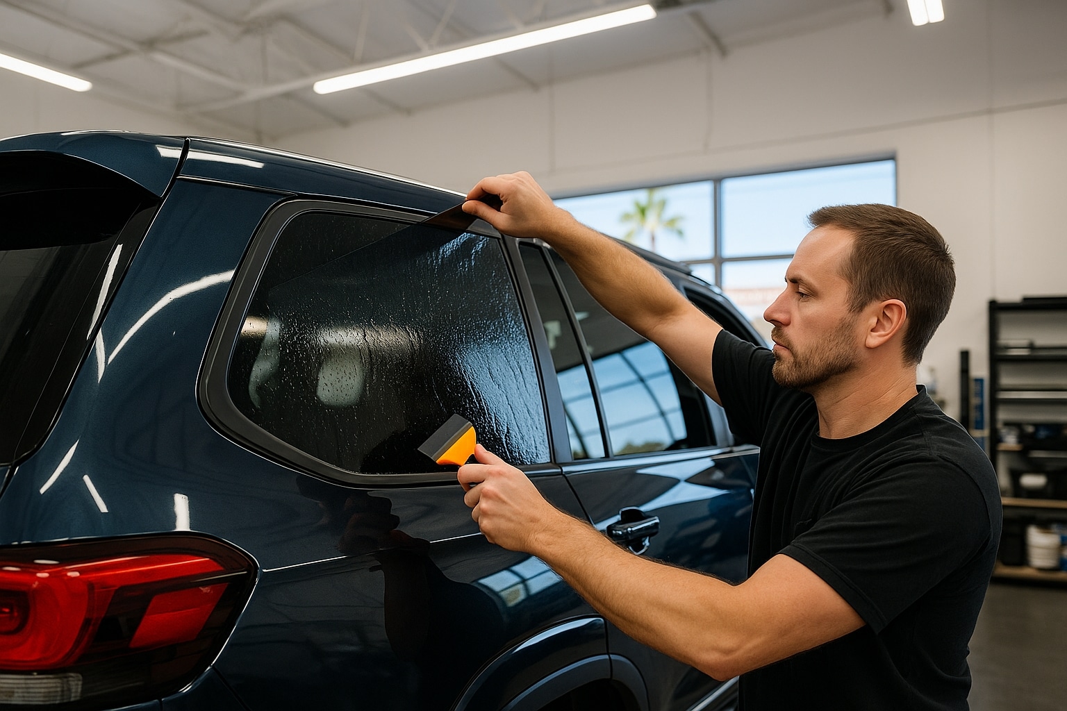 Professional applying window tint film to an SUV rear window in a San Diego auto tinting shop.