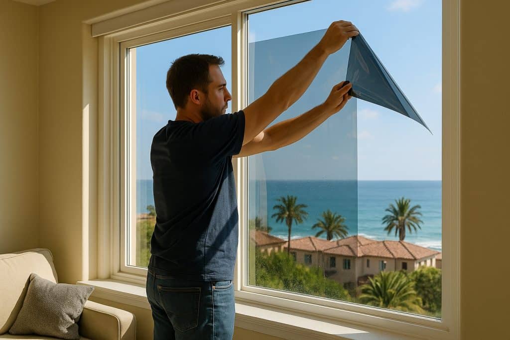 Homeowner applying window tint film for home windows in San Diego living room with bright sunlight.