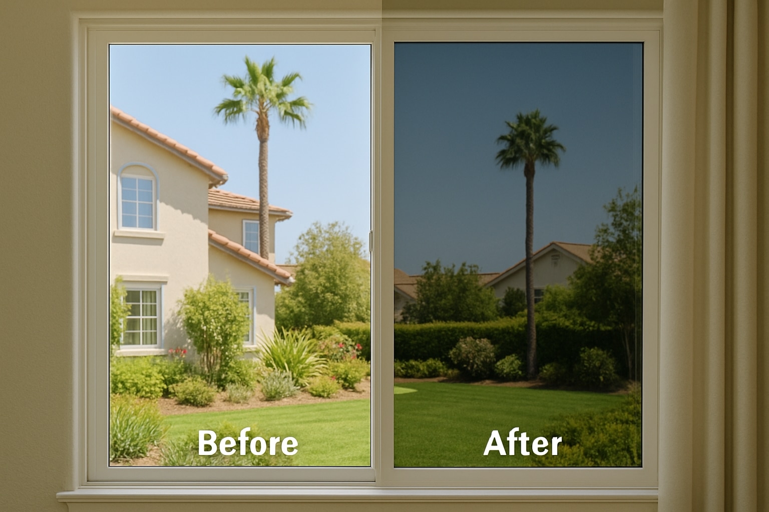 Before and after comparison of a home window with and without tint film, showing glare reduction.