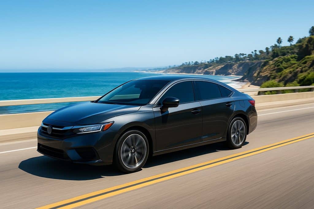 Sleek car with tinted windows driving along San Diego’s sunny coastline, showcasing UV protection and heat reduction.