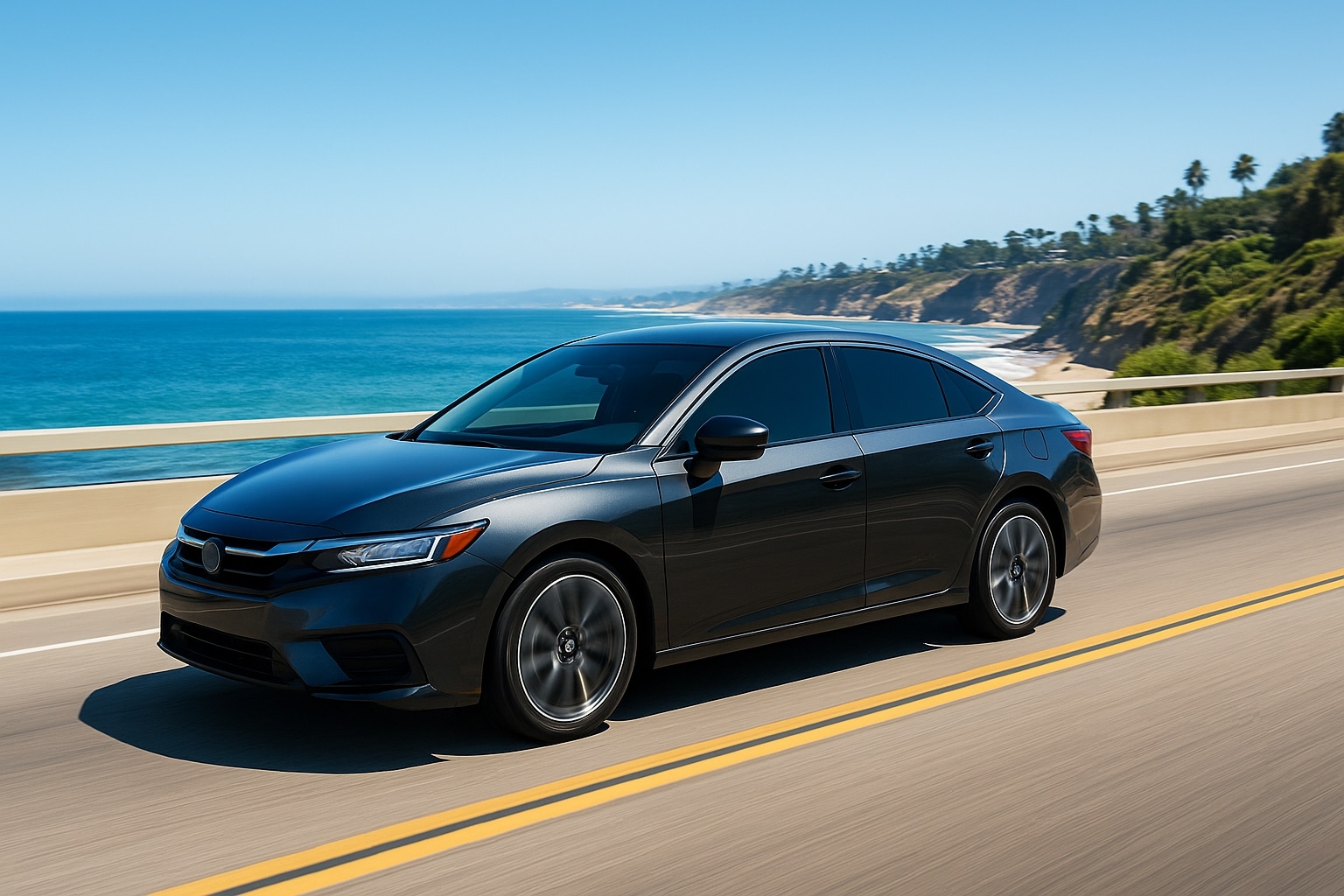 Sleek car with tinted windows driving along San Diego’s sunny coastline, showcasing UV protection and heat reduction.