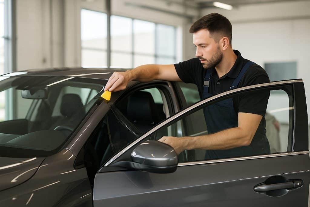 Professional technician applying ceramic car window tint in a San Diego auto shop for UV protection and style.