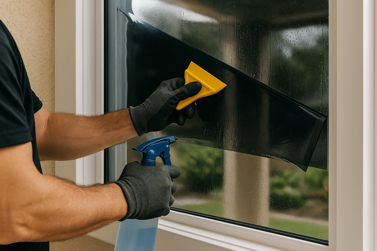 Technician installing ceramic window film on residential home windows, close-up detail of professional tools and precision work.