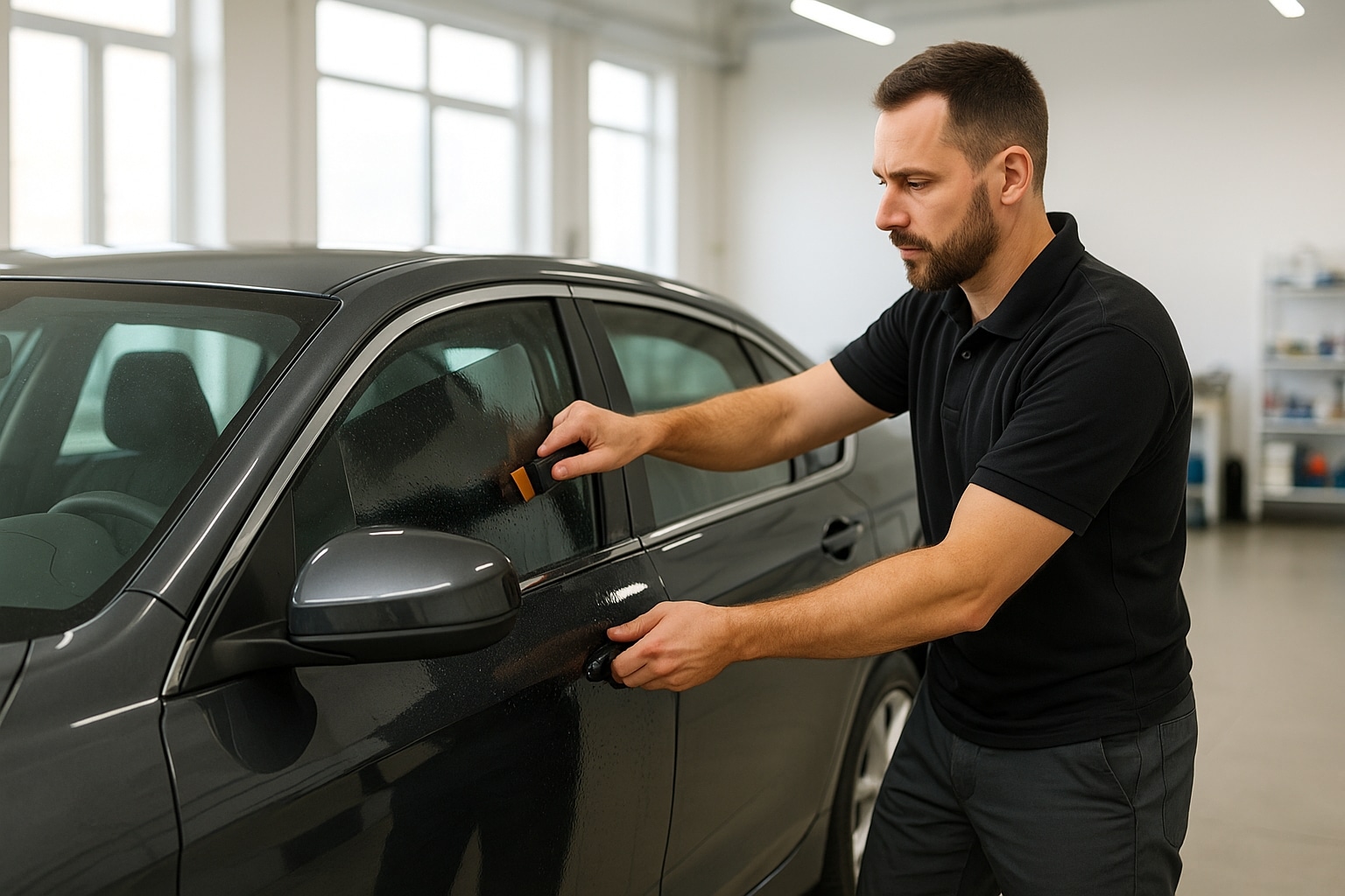 Professional installer applying ceramic car window tint film in a San Diego auto shop to reduce glare and UV exposure.