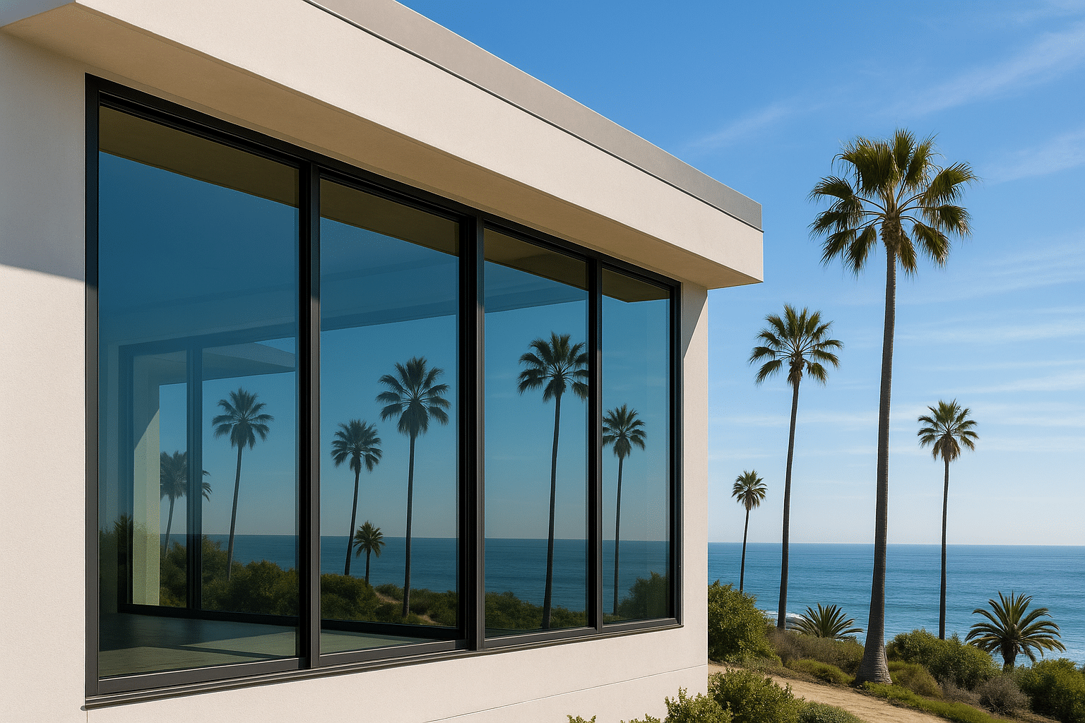 Southern California coastal home with tinted glass windows providing privacy and glare reduction.