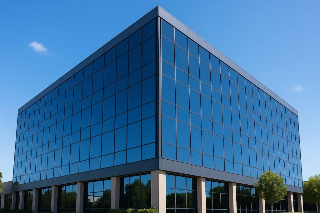 Modern San Diego office building featuring reflective commercial window tinting for improved energy efficiency and comfort.