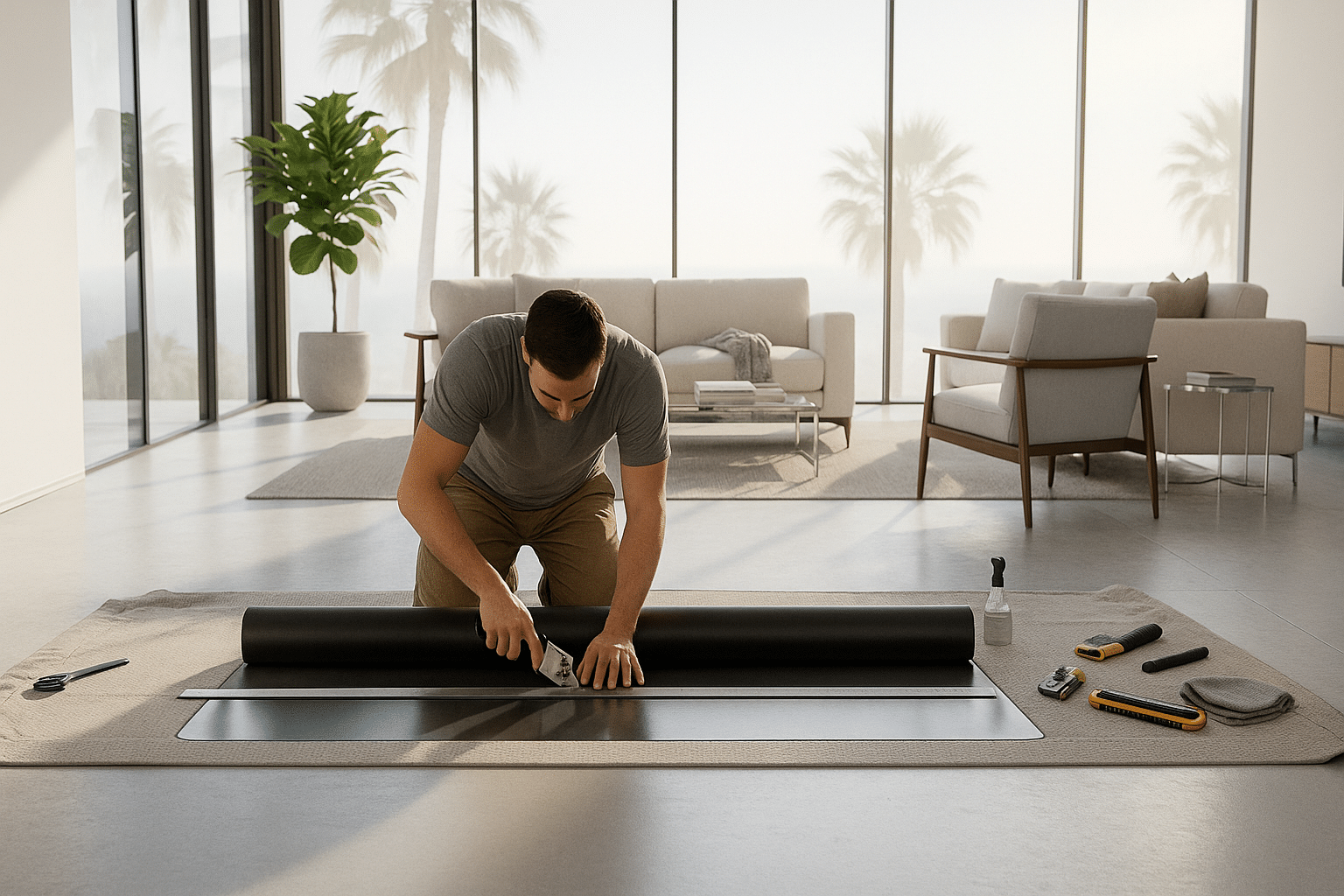 DIY homeowner cutting window tint film with professional tools for accurate installation while tinting home windows in a California home.