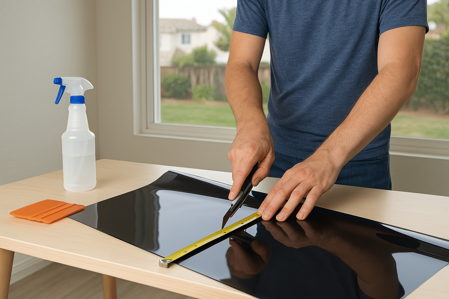 DIY homeowner cutting window tint film with professional tools for accurate installation while tinting home windows in a California home.