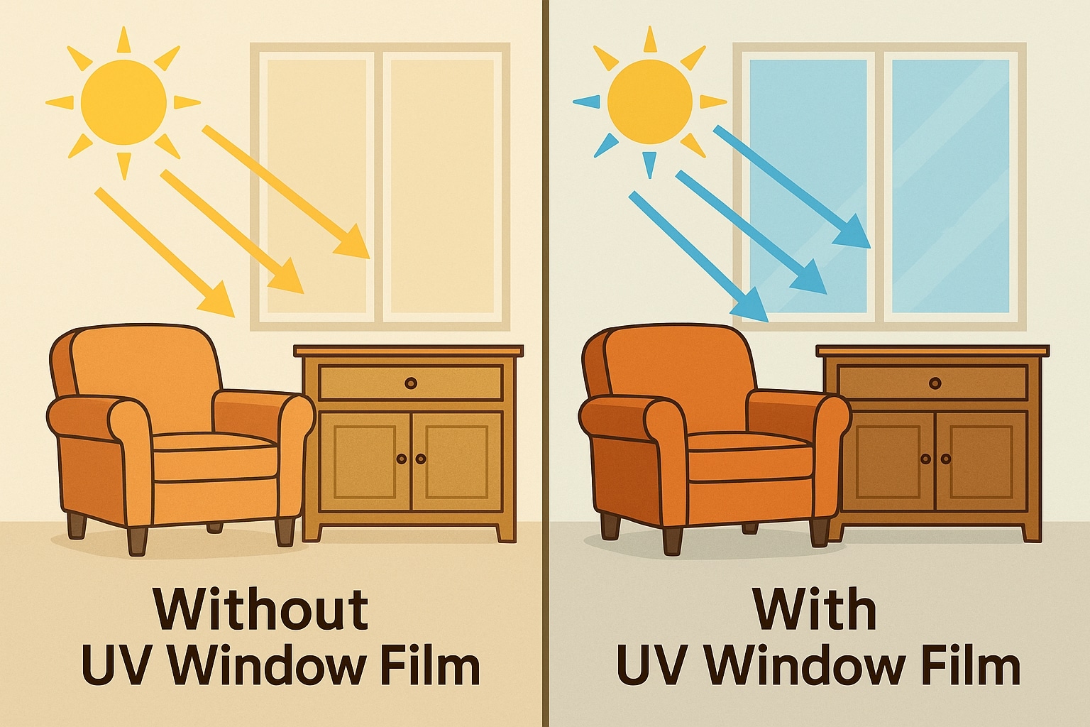 Comparison showing faded furniture near untinted windows versus vibrant protected area with UV window tint film.
