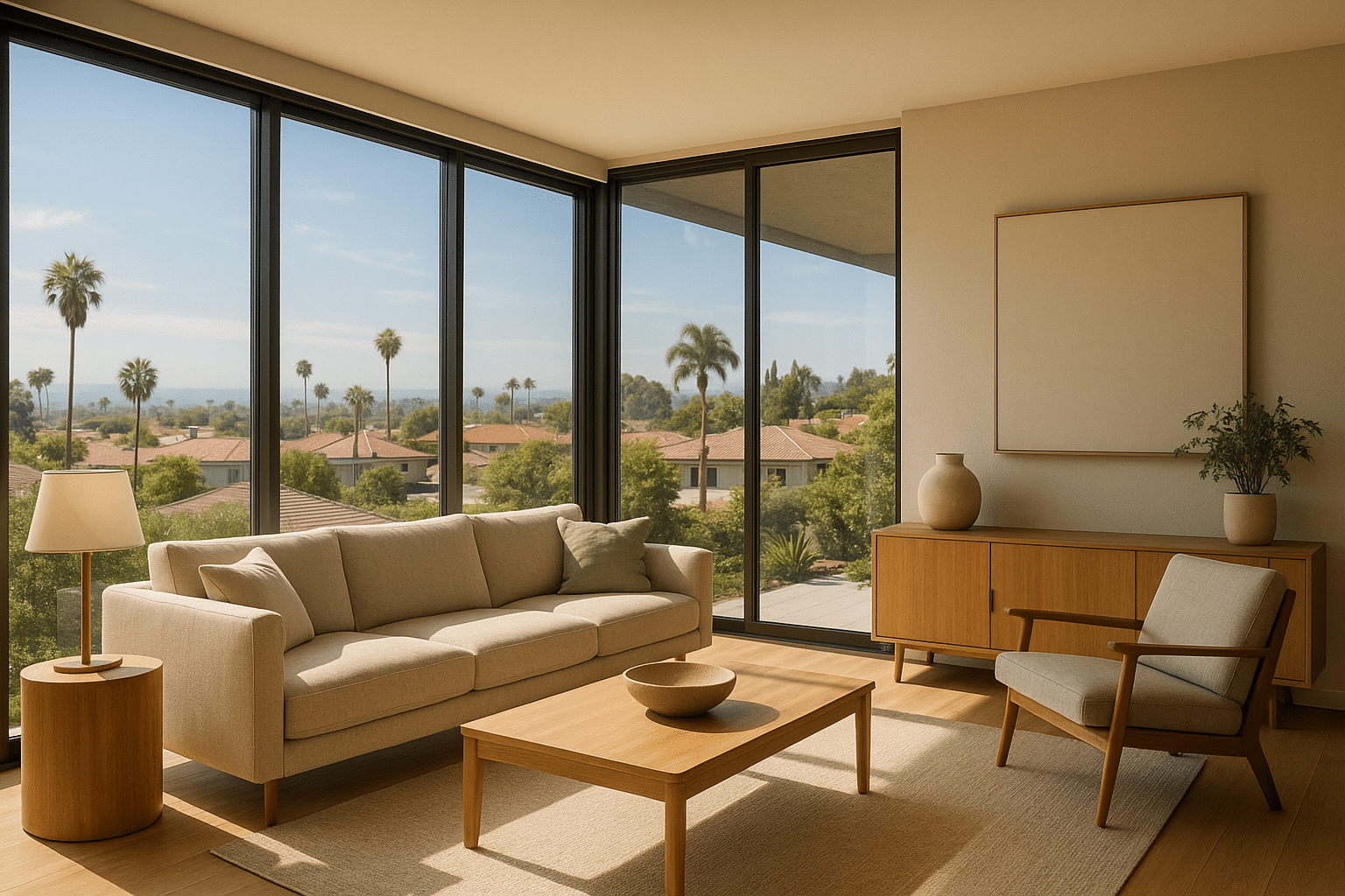 Modern living room in a San Diego home with window tint allowing filtered natural light and improved comfort.