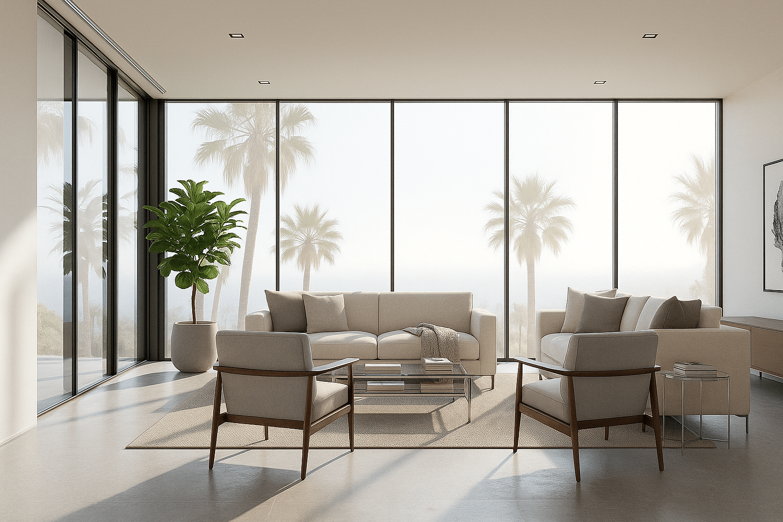 Modern Southern California living room with professionally installed residential film for tinting home windows, providing UV protection, glare reduction, and improved comfort with soft natural light.