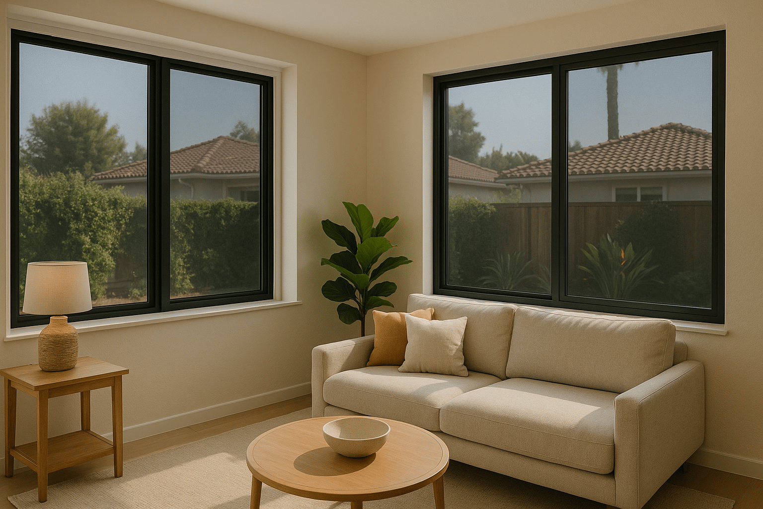 Modern Southern California living room with professionally installed residential film for tinting home windows, providing UV protection, glare reduction, and improved comfort with soft natural light.