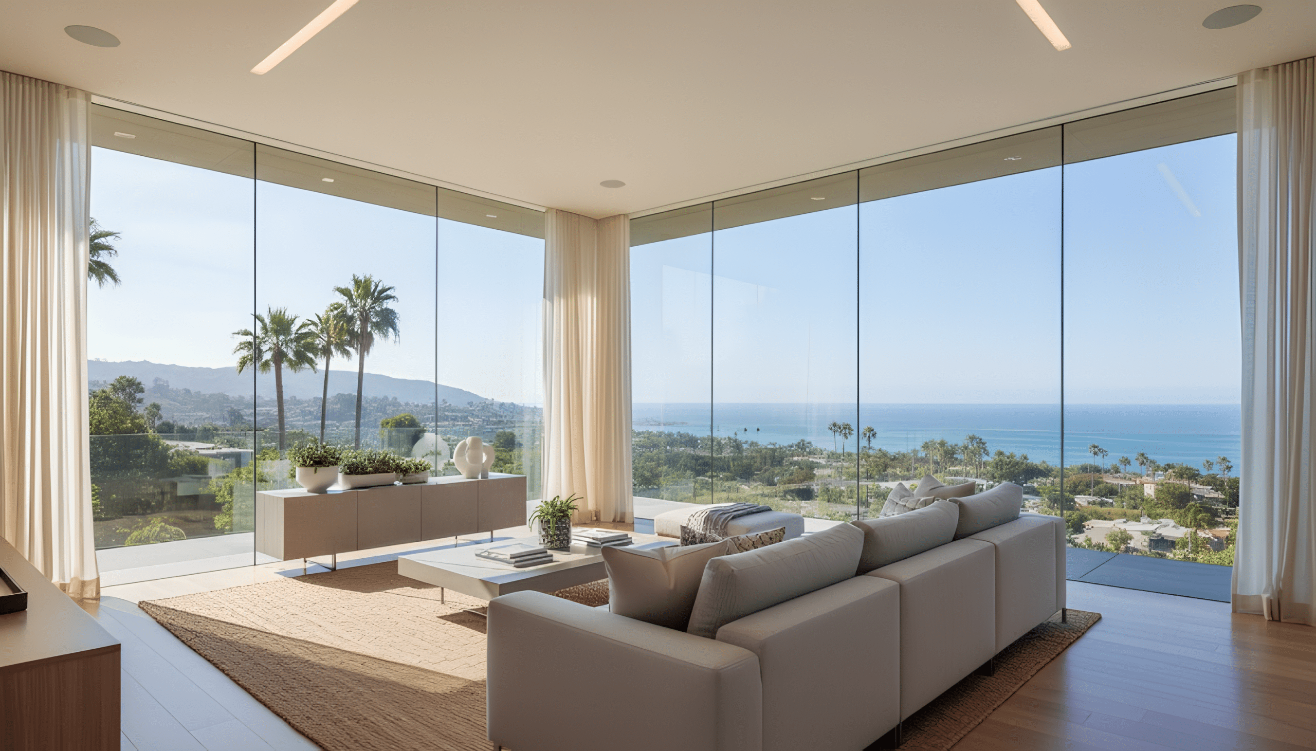Modern Southern California living room showcasing tinted house windows for glare control and UV protection.