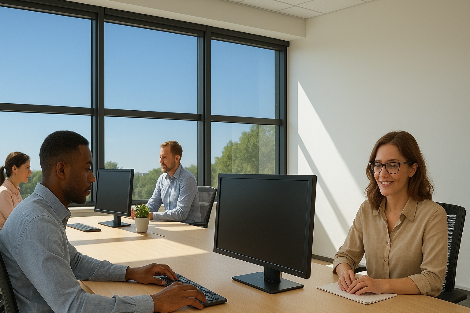 Office workers in Southern California working comfortably with glare-free tinted windows enhancing productivity.