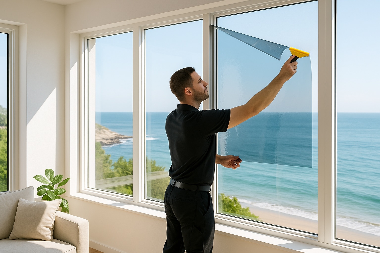 Technician installing residential window film on large windows in a bright San Diego home overlooking the ocean.