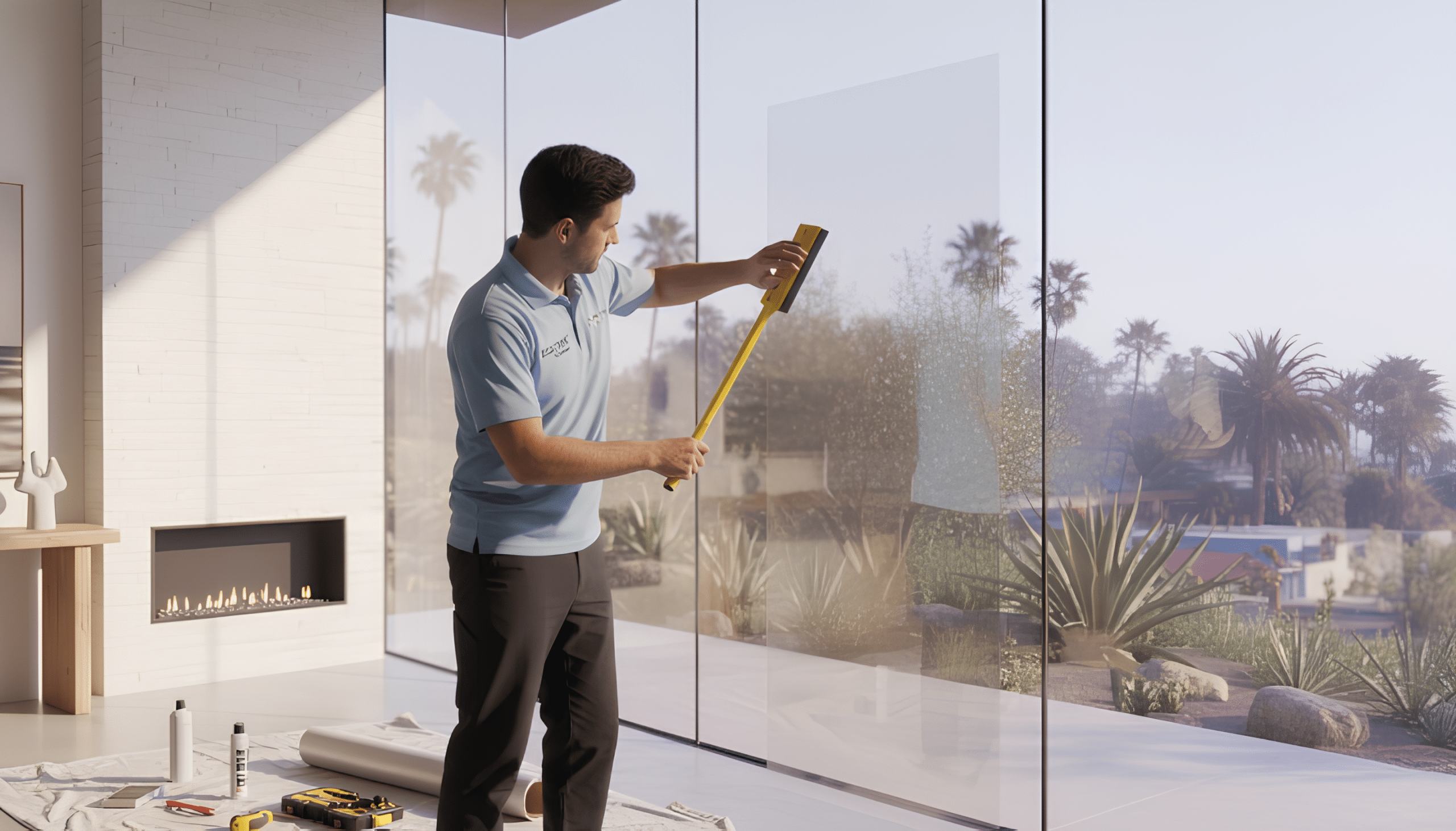 Professional installer applying residential window film in a San Diego home for heat reduction and energy efficiency.