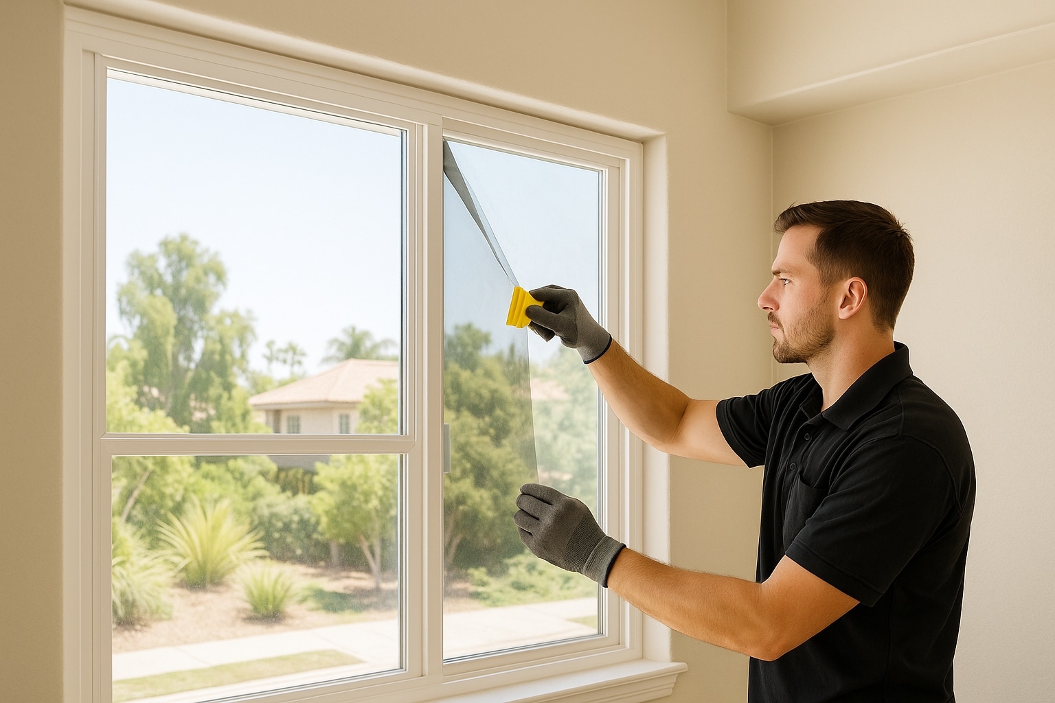 Professional technician applying UV-blocking window tint film on a residential window in Southern California home.