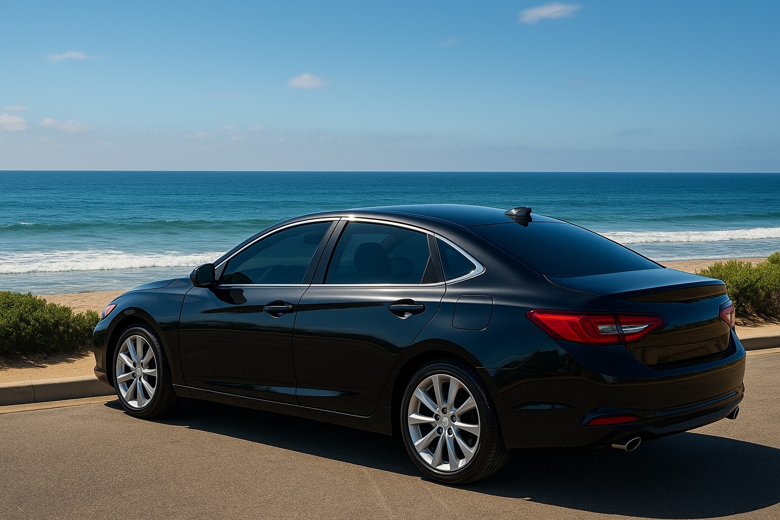 Modern car with tinted windows parked along the San Diego coast under bright sunshine.