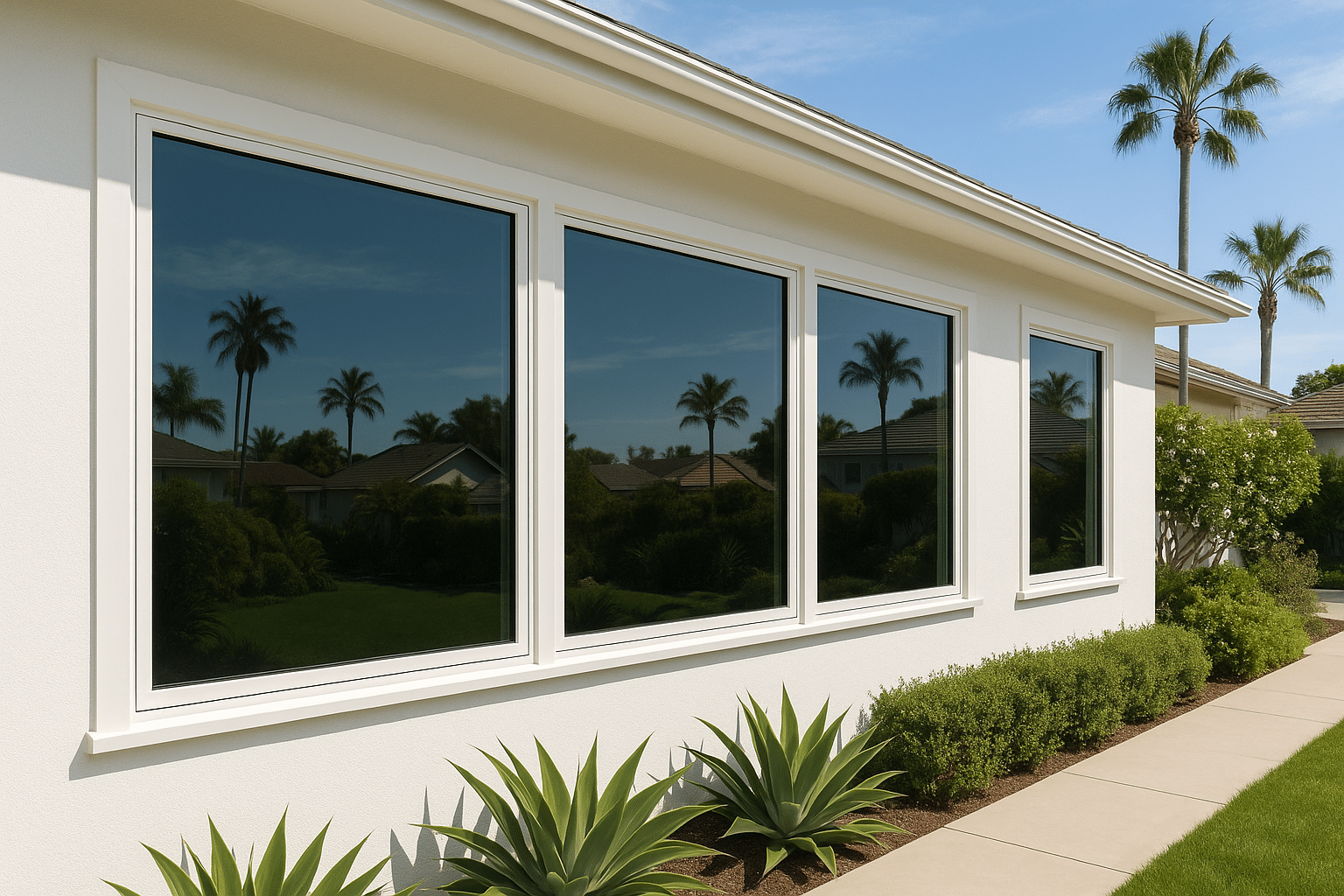 Exterior shot of modern Southern California home windows with clean, professional-looking tint installed