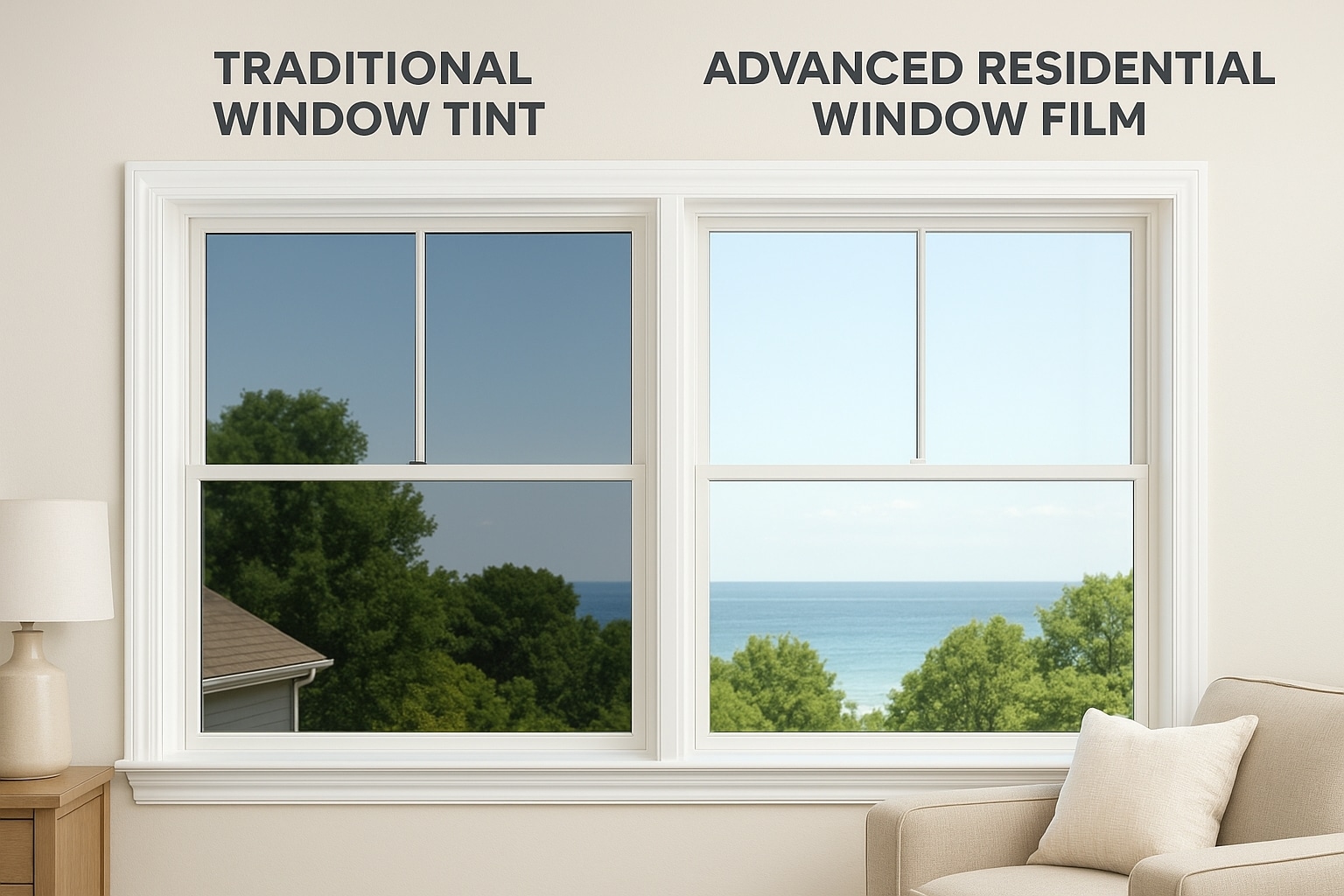 Side-by-side comparison of traditional tint versus modern residential window film showing clarity, brightness, and UV protection differences.