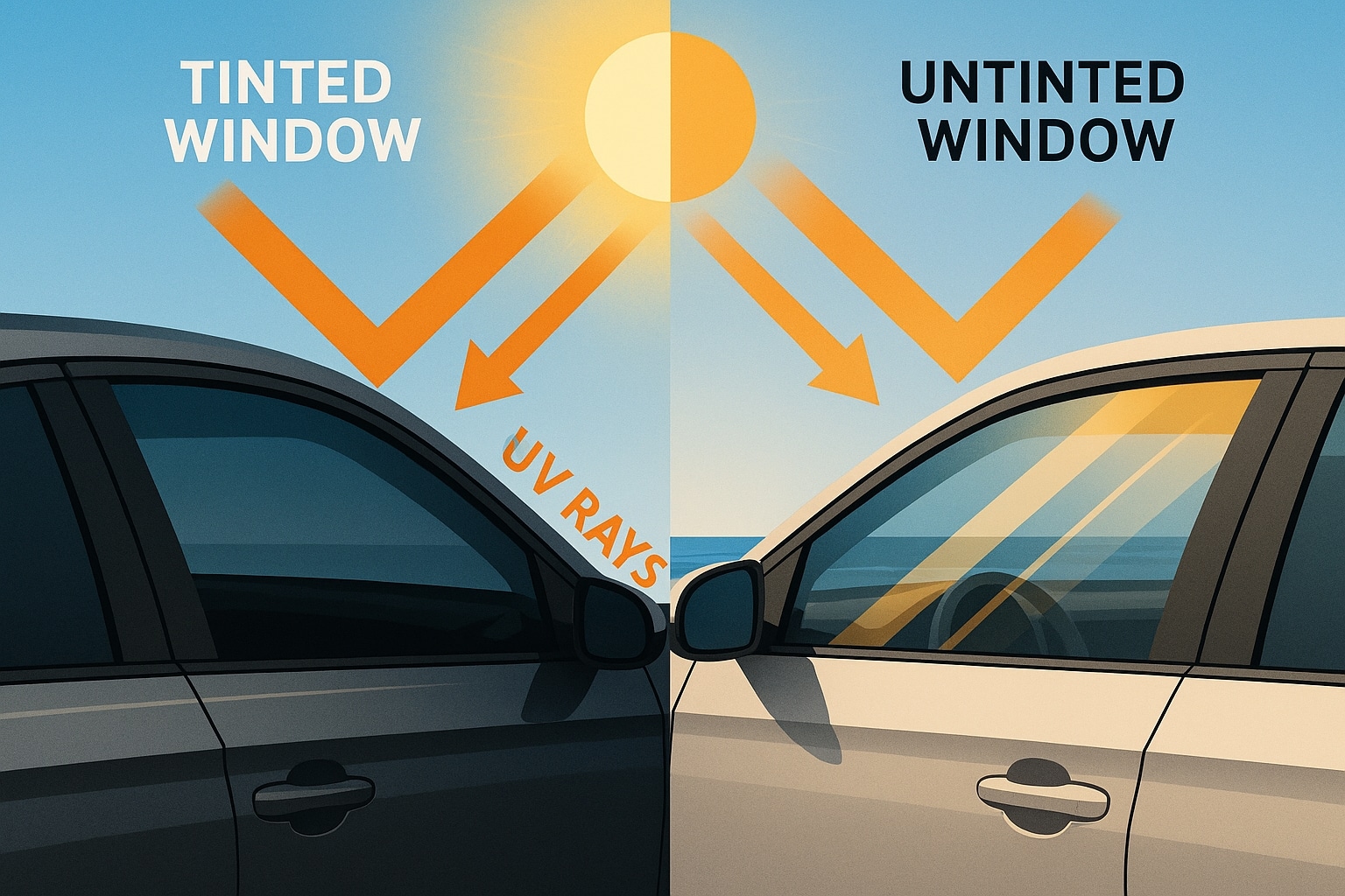 Illustration comparing UV protection between tinted and untinted car windows under direct sunlight.