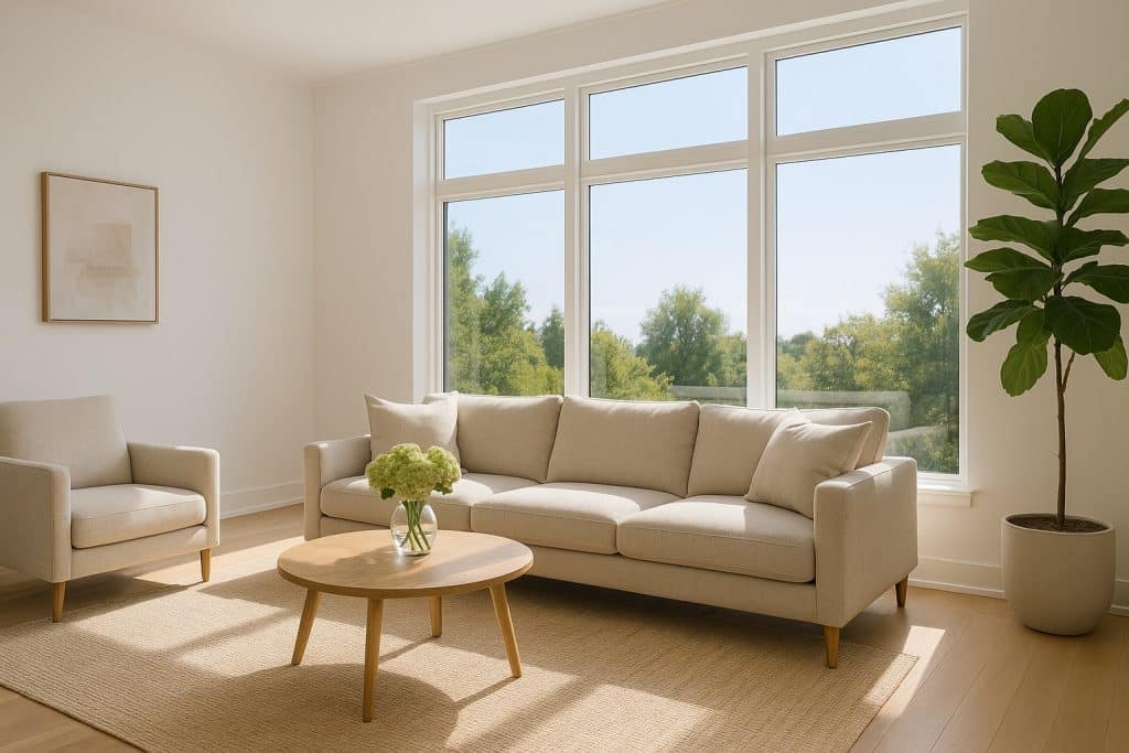 Modern Southern California living room with UV-blocking residential window film reducing glare and heat while preserving brightness.