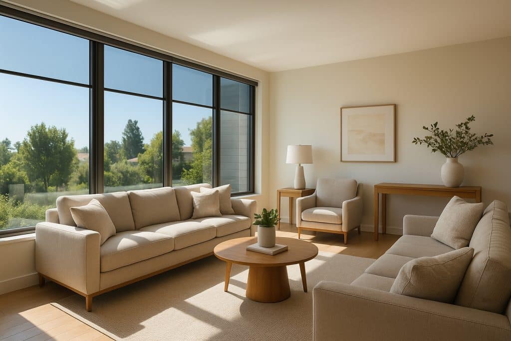 Modern San Diego living room with tinted home windows reducing UV glare and protecting furniture from fading.