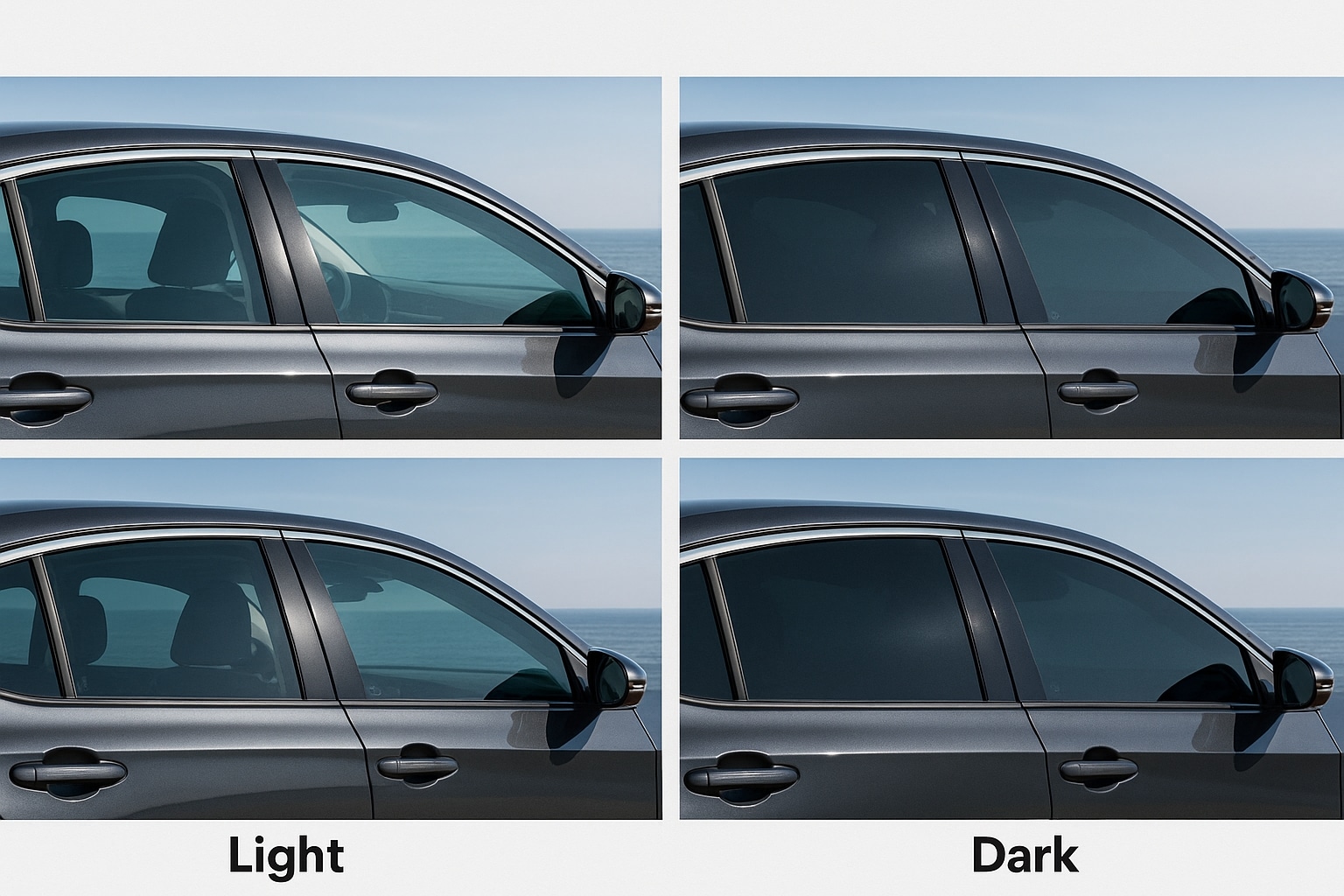 Side-by-side comparison of various car window tint shades from light to dark showing heat and UV reduction differences.