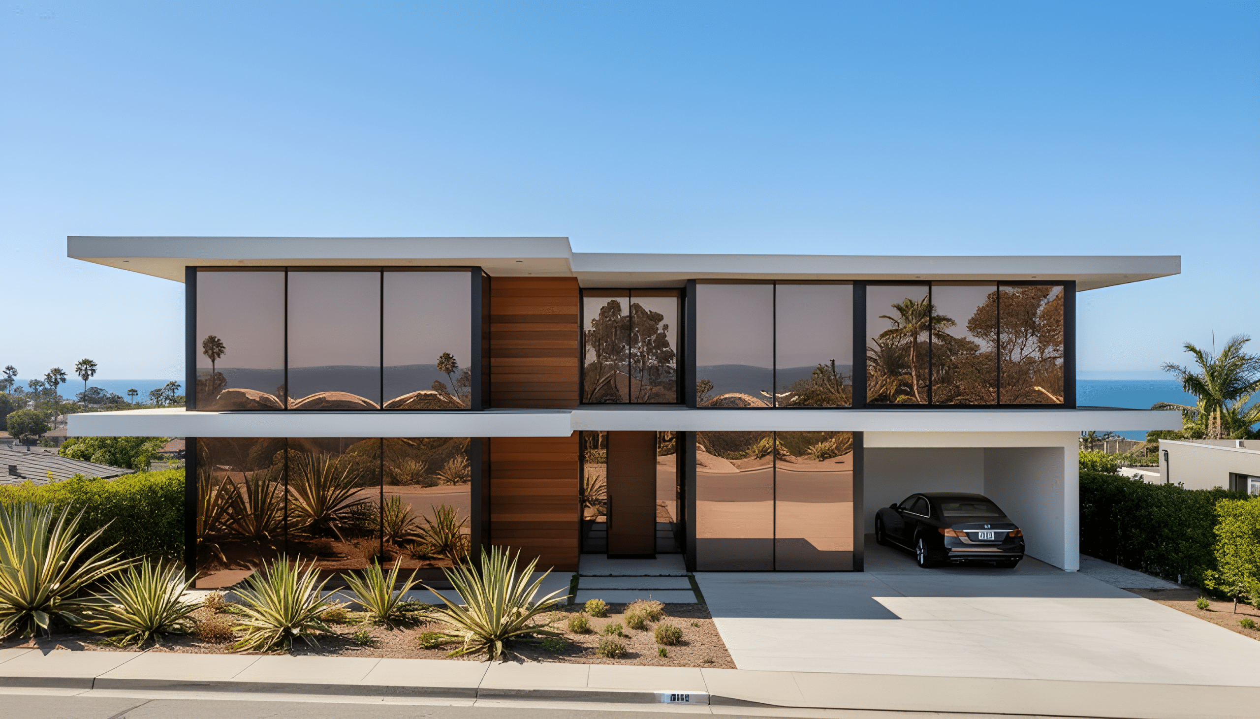 Contemporary San Diego home featuring tinted windows for privacy, energy efficiency, and UV protection.